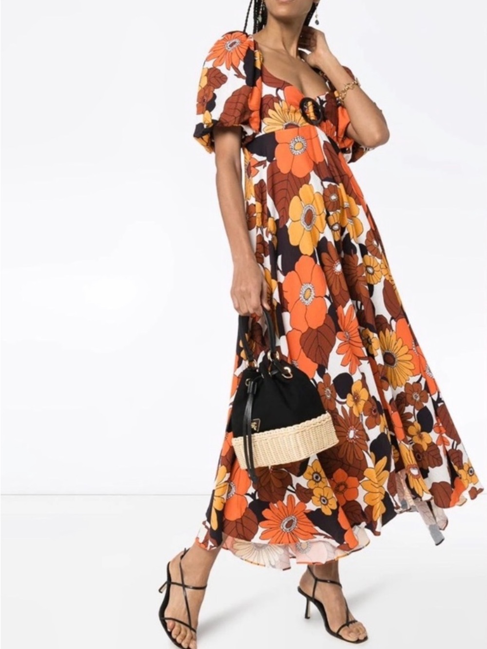 🔘Dodo Bar Or Orange & Brown Floral Puff-Sleeve Maxi Dress